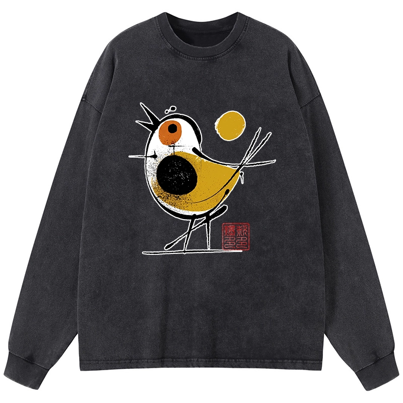 Tokyo-Tiger Aesthetic Yellow And Black Bird Washed Long Sleeve T-Shirt
