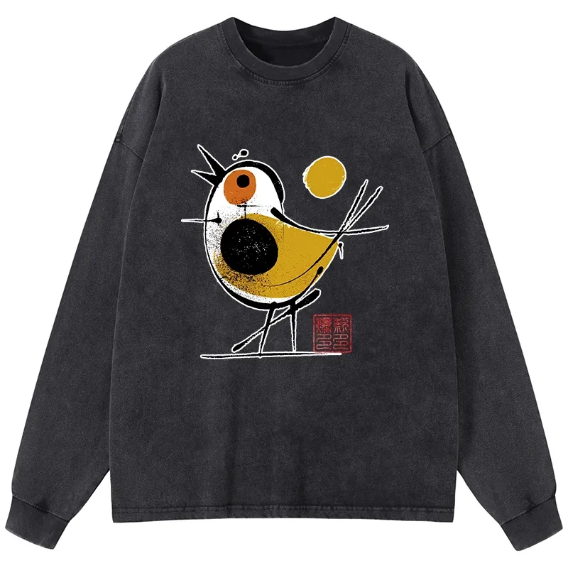 Tokyo-Tiger Aesthetic Yellow And Black Bird Washed Long Sleeve T-Shirt
