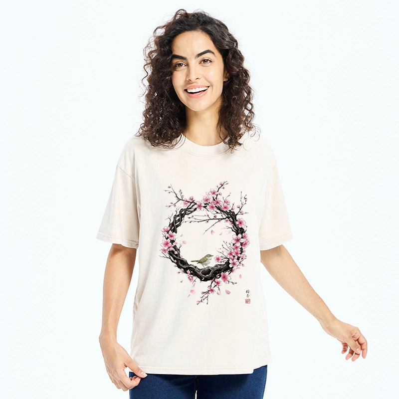 Tokyo-Tiger Sakura Wreath And Little Bird Washed T-Shirt
