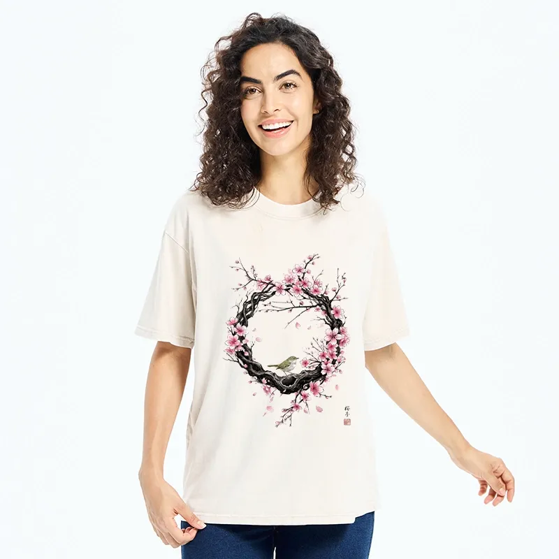 Tokyo-Tiger Sakura Wreath And Little Bird Washed T-Shirt