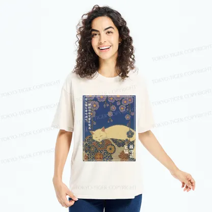 Tokyo-Tiger Ukiyoe Wisteria Flowers and Cats Washed T-Shirt