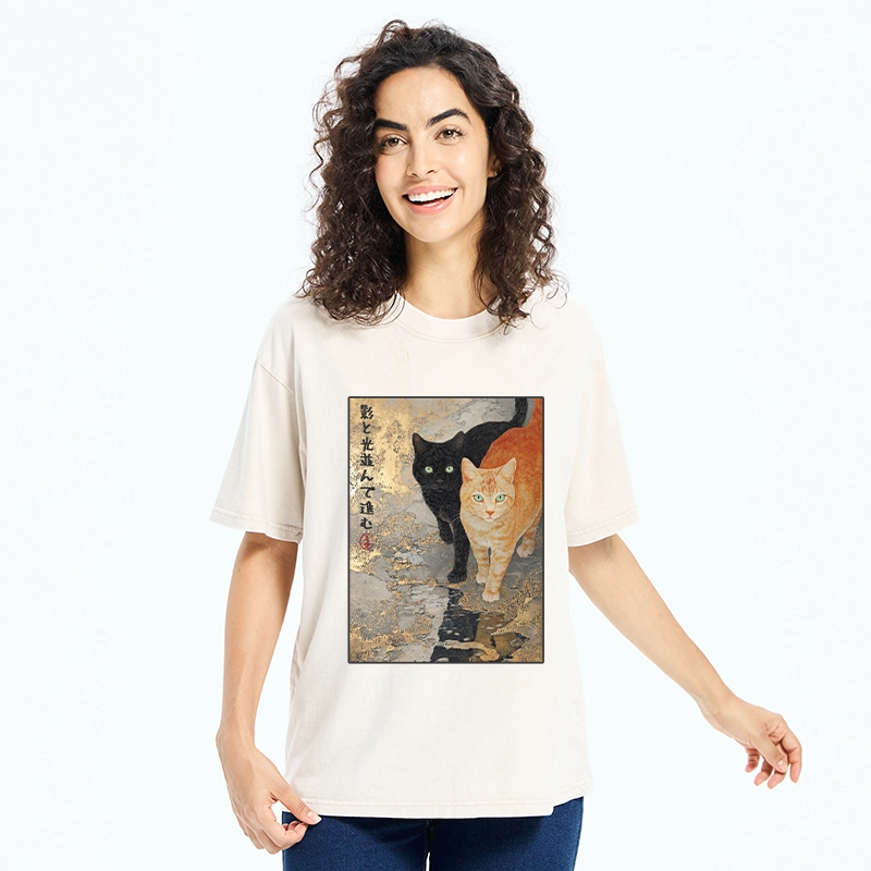 Tokyo-Tiger Japanese Gold Leaf Cat Print Meme Washed T-Shirt