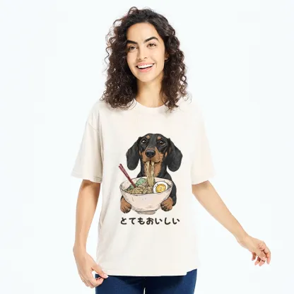 Tokyo-Tiger Cute Dog Eating Noodles Art Meme Washed T-Shirt