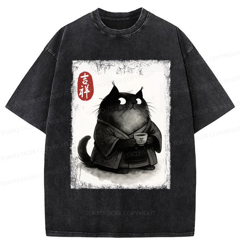 Tokyo-Tiger The Black Cat’s Tea Ritual Zen Ink Painting Washed T-Shirt