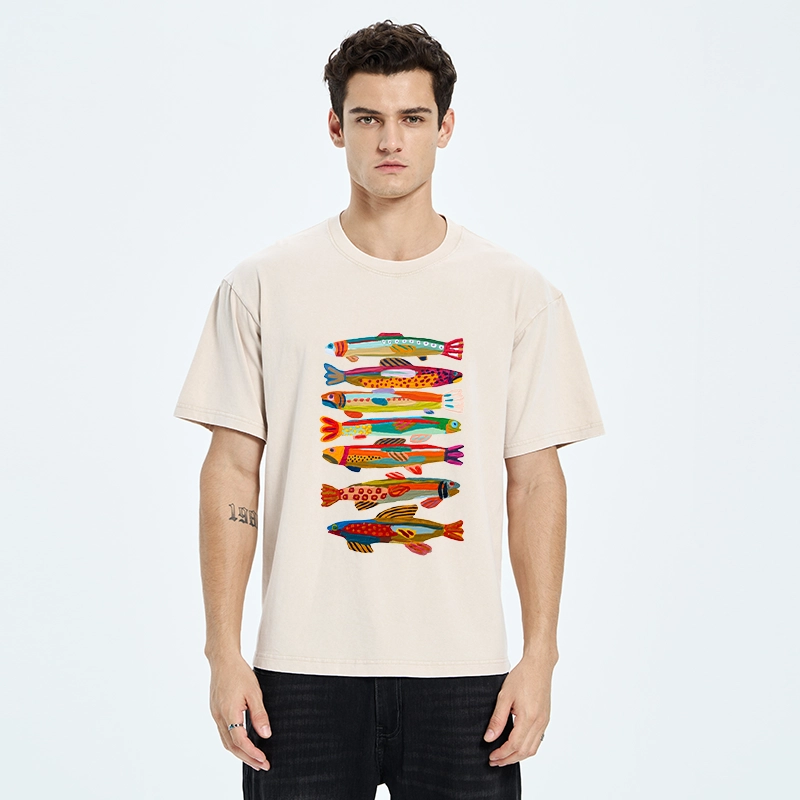 Tokyo-Tiger Colorful Fish Folk Art Print Washed T-Shirt