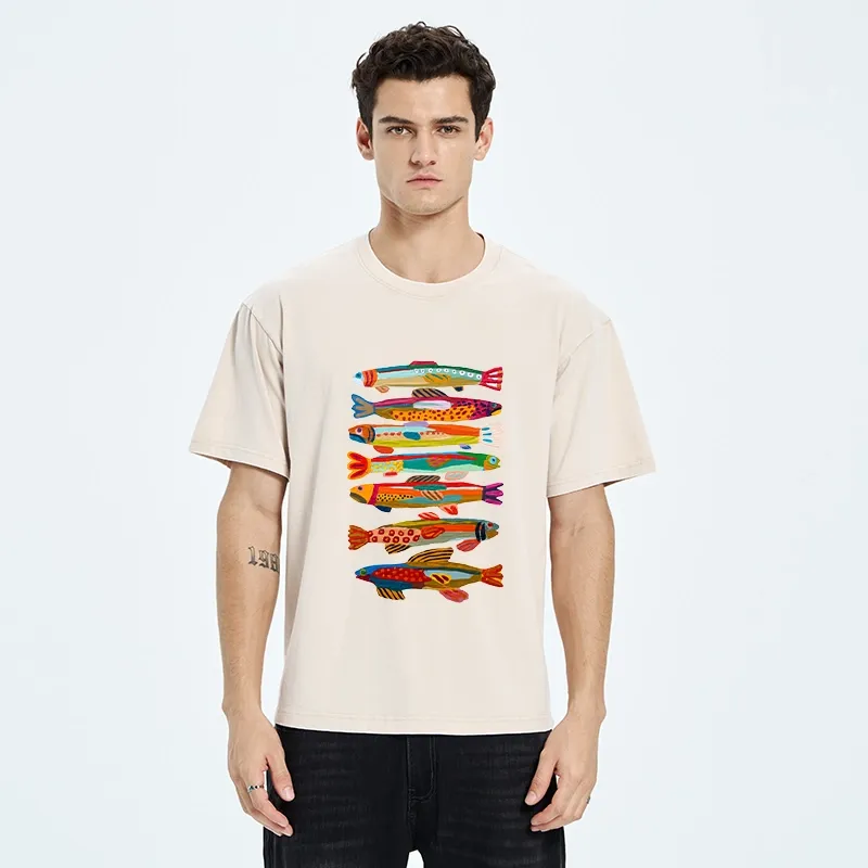 Tokyo-Tiger Colorful Fish Folk Art Print Washed T-Shirt