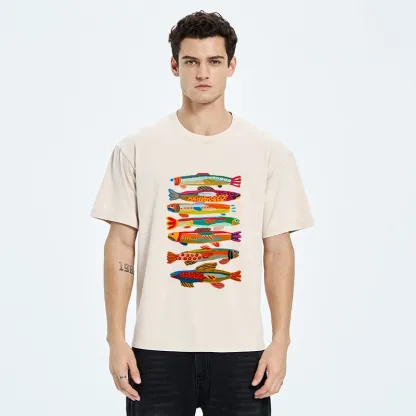 Tokyo-Tiger Colorful Fish Folk Art Print Washed T-Shirt