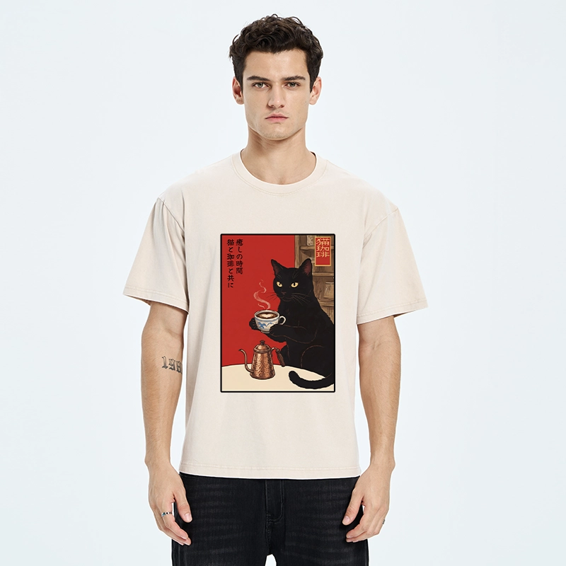 Tokyo-Tiger Cat Coffee Time Japanese Print Washed T-Shirt