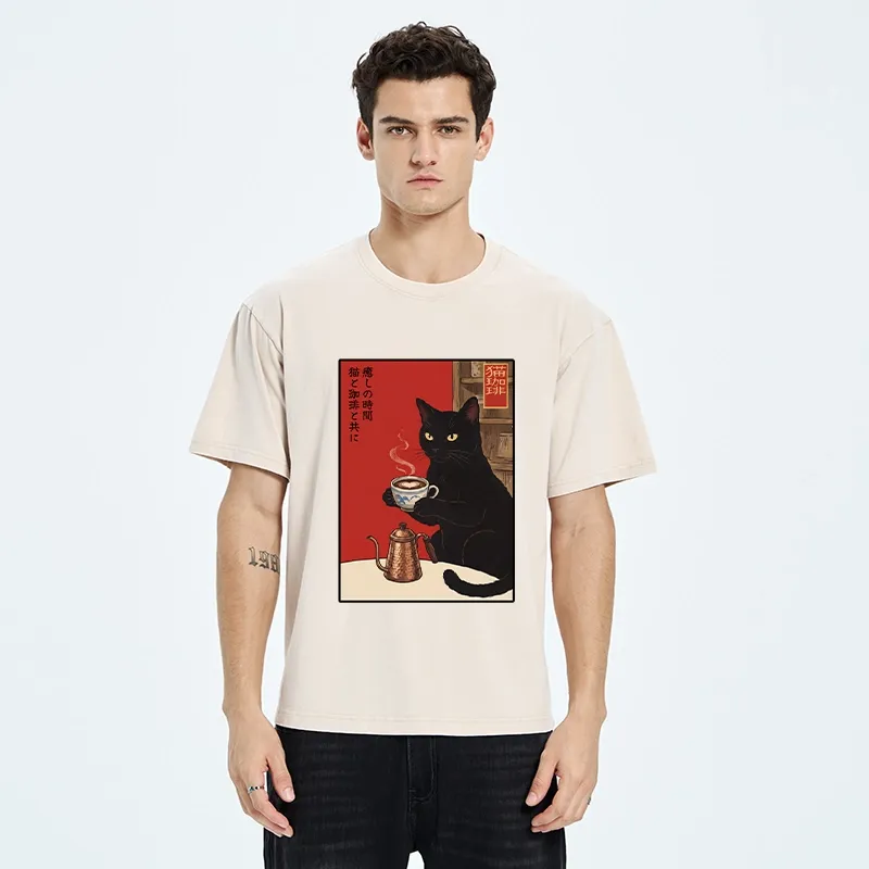 Tokyo-Tiger Cat Coffee Time Japanese Print Washed T-Shirt