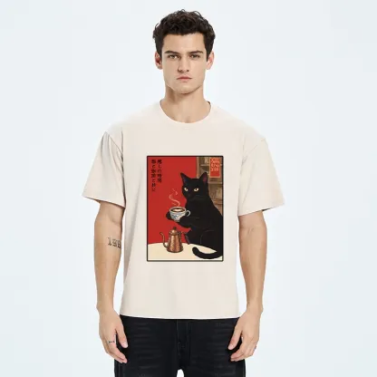 Tokyo-Tiger Cat Coffee Time Japanese Print Washed T-Shirt