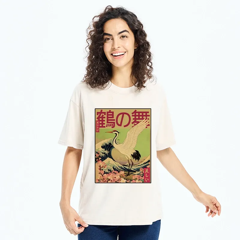 Tokyo-Tiger Japanese Crane And Wave Art Washed T-Shirt