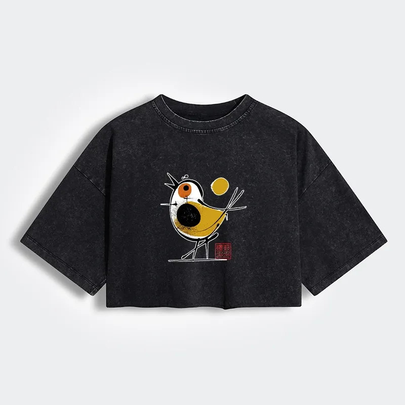 Tokyo-Tiger Aesthetic Yellow And Black Bird Women's Washed Crop T-Shirt