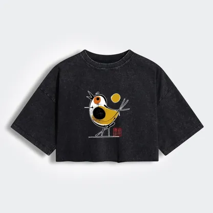 Tokyo-Tiger Aesthetic Yellow And Black Bird Women's Washed Crop T-Shirt