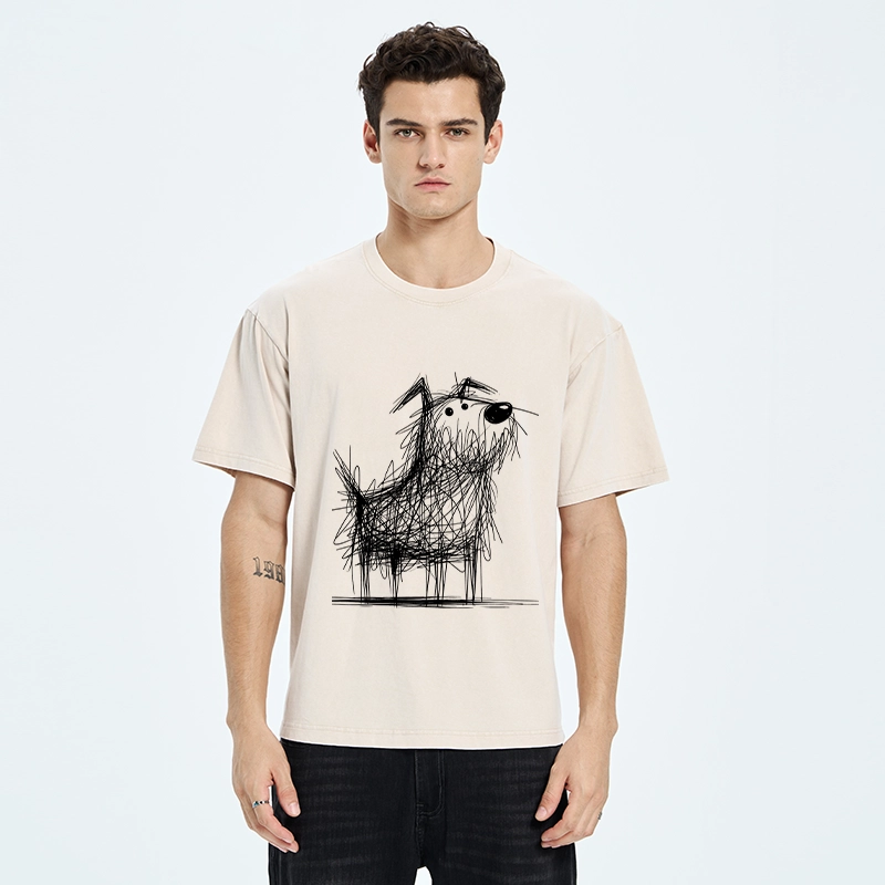 Tokyo-Tiger Cute Scrawled Dog Line Art Washed T-Shirt