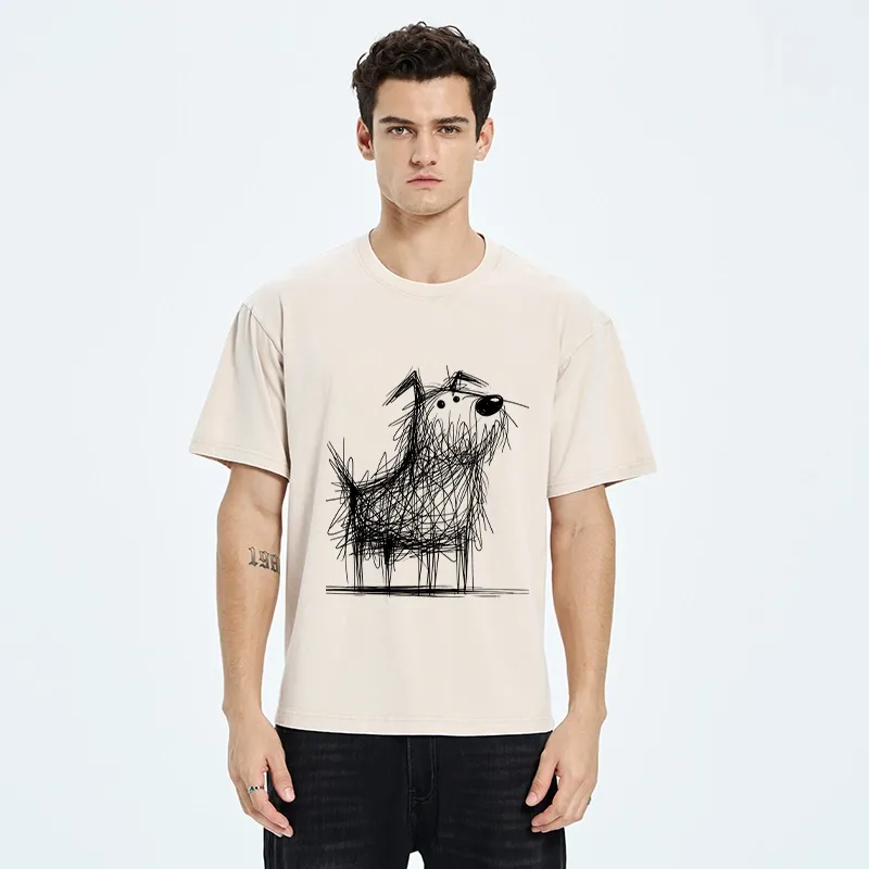 Tokyo-Tiger Cute Scrawled Dog Line Art Washed T-Shirt