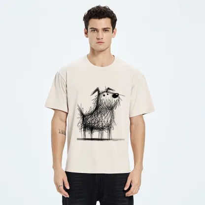 Tokyo-Tiger Cute Scrawled Dog Line Art Washed T-Shirt