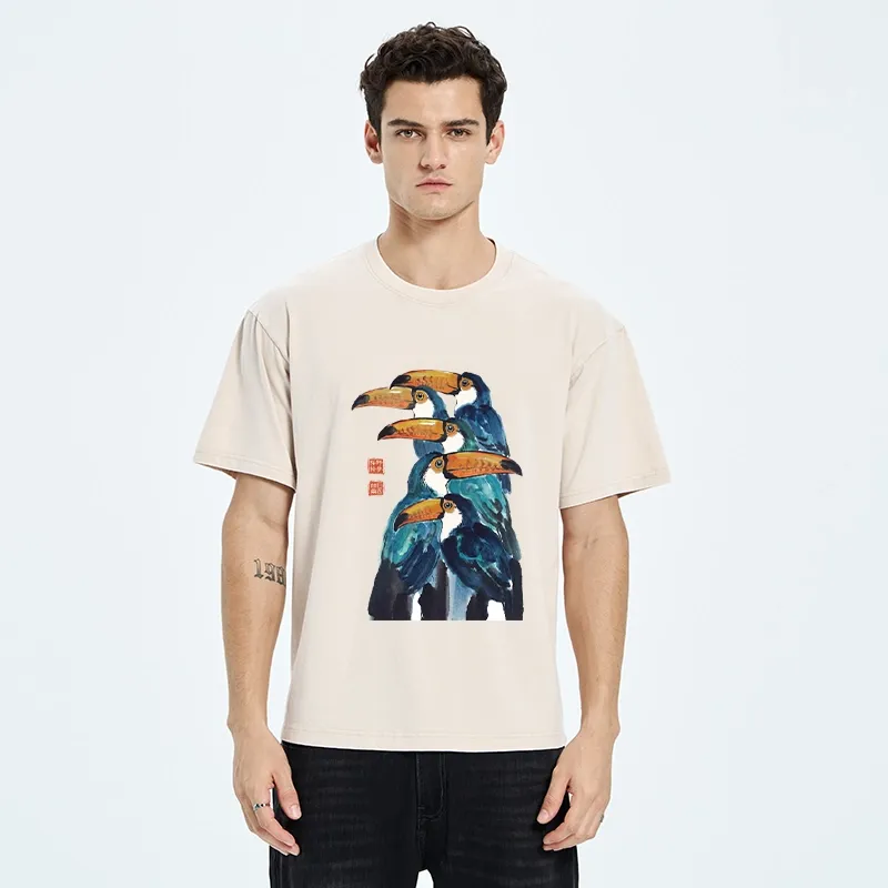 Tokyo-Tiger Blue Toucans Watercolor Washed T-Shirt