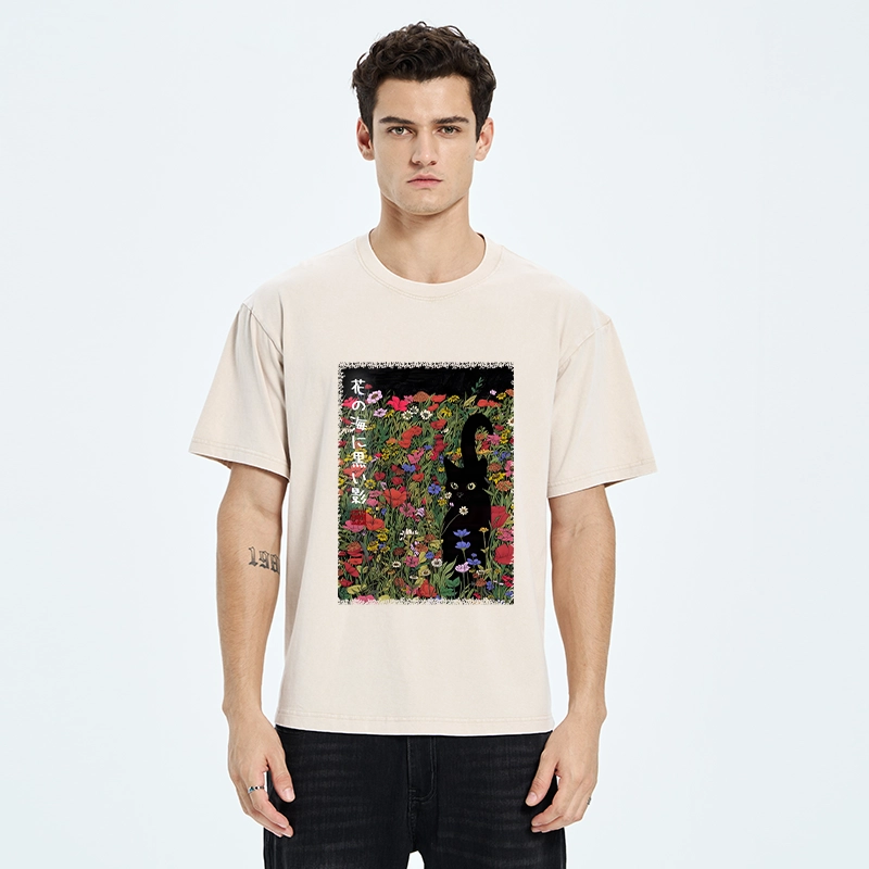Tokyo-Tiger Black Cat Hiding In Flower Sea Washed T-Shirt