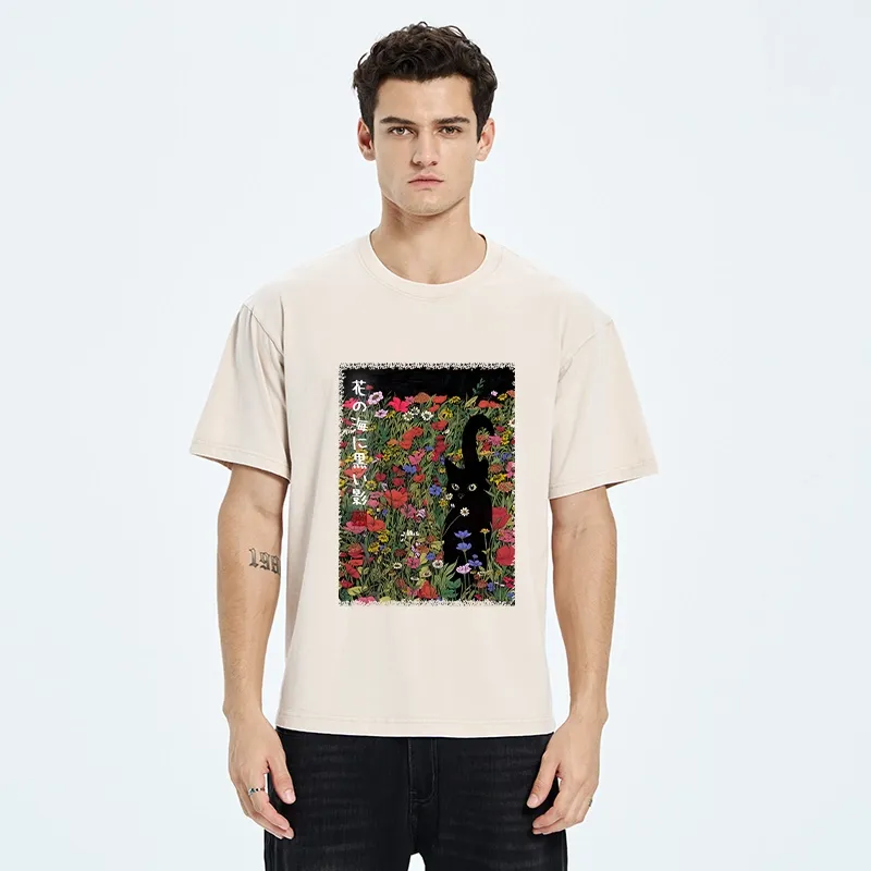 Tokyo-Tiger Black Cat Hiding In Flower Sea Washed T-Shirt