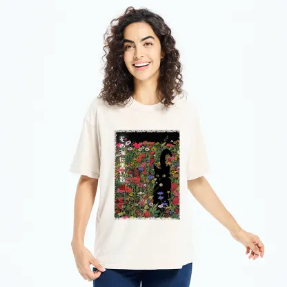Tokyo-Tiger Black Cat Hiding In Flower Sea Washed T-Shirt