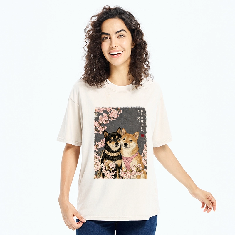 Tokyo-Tiger Two Shibas And Sakura Flowers Washed T-Shirt