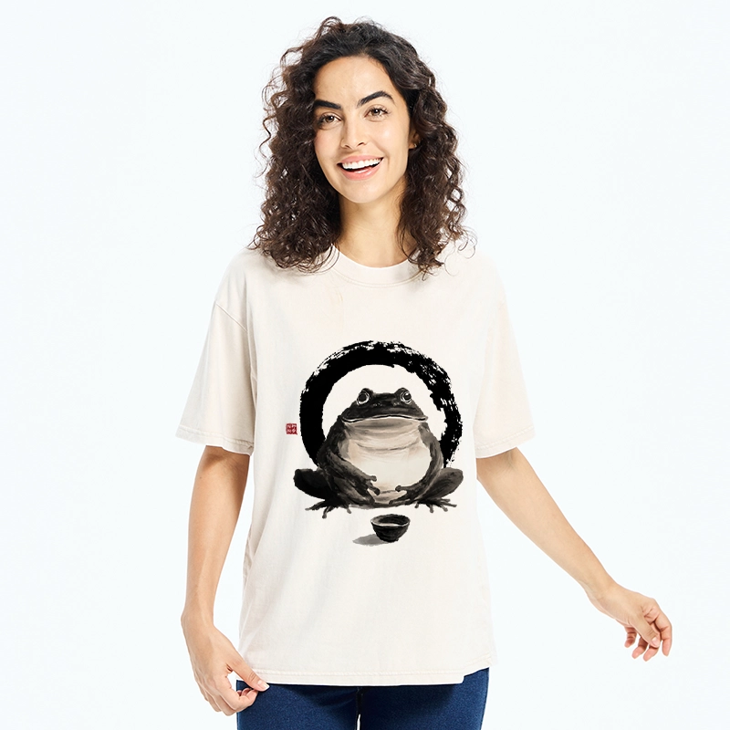 Tokyo-Tiger Zen Frog With A Tea Bowl Washed T-Shirt