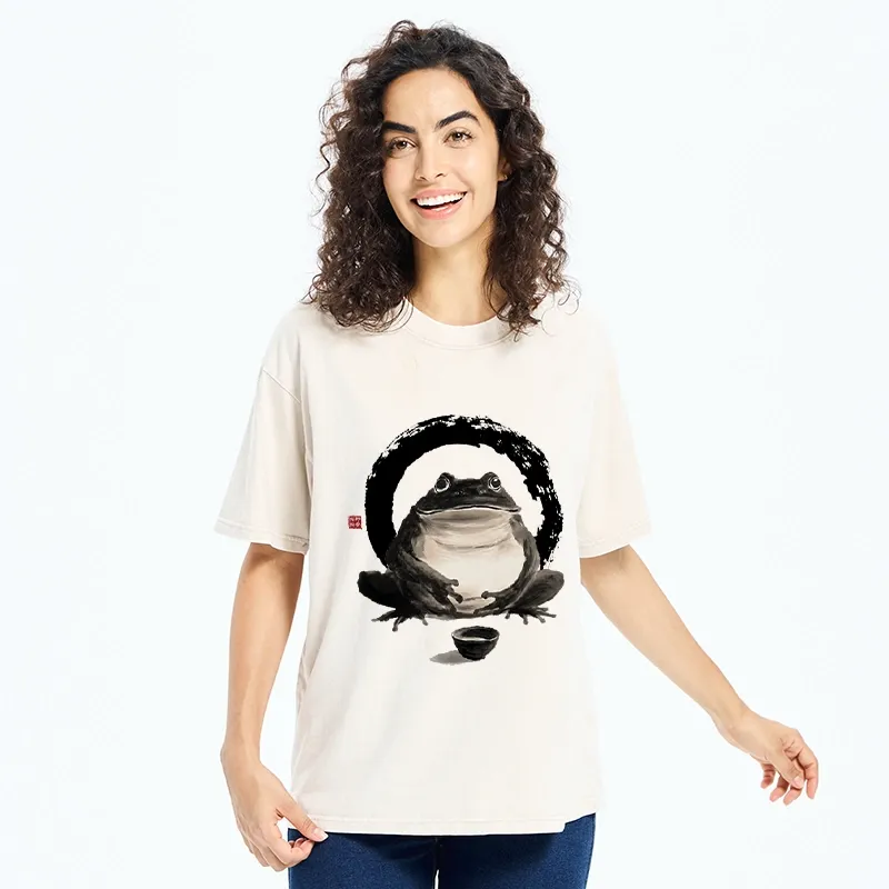 Tokyo-Tiger Zen Frog With A Tea Bowl Washed T-Shirt