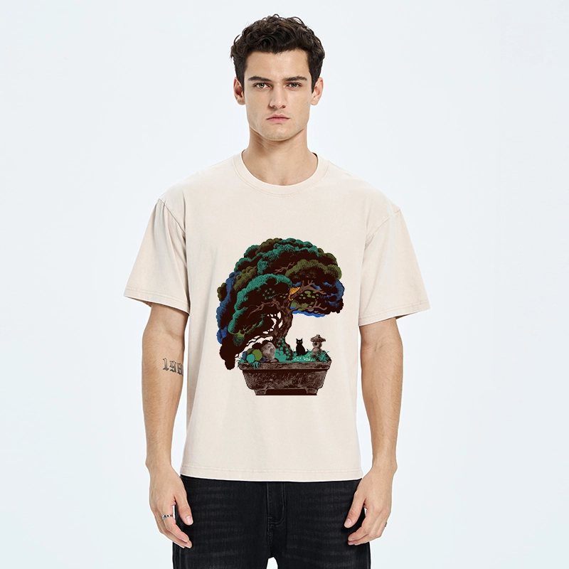 Tokyo-Tiger Black Cat Hiding In A Bonsai Pot Washed T-Shirt