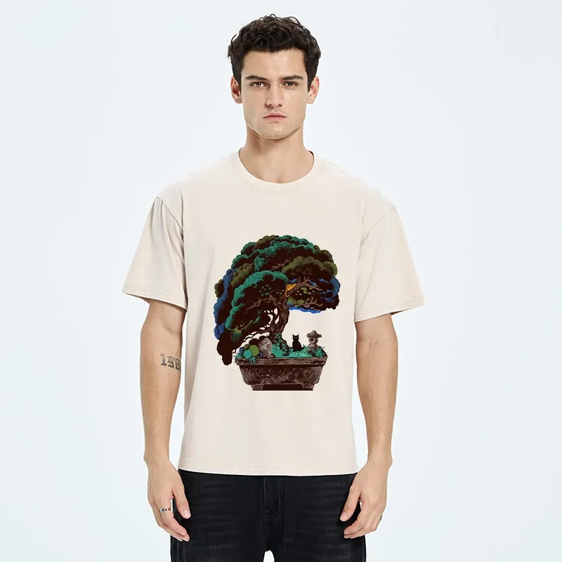 Tokyo-Tiger Black Cat Hiding In A Bonsai Pot Washed T-Shirt