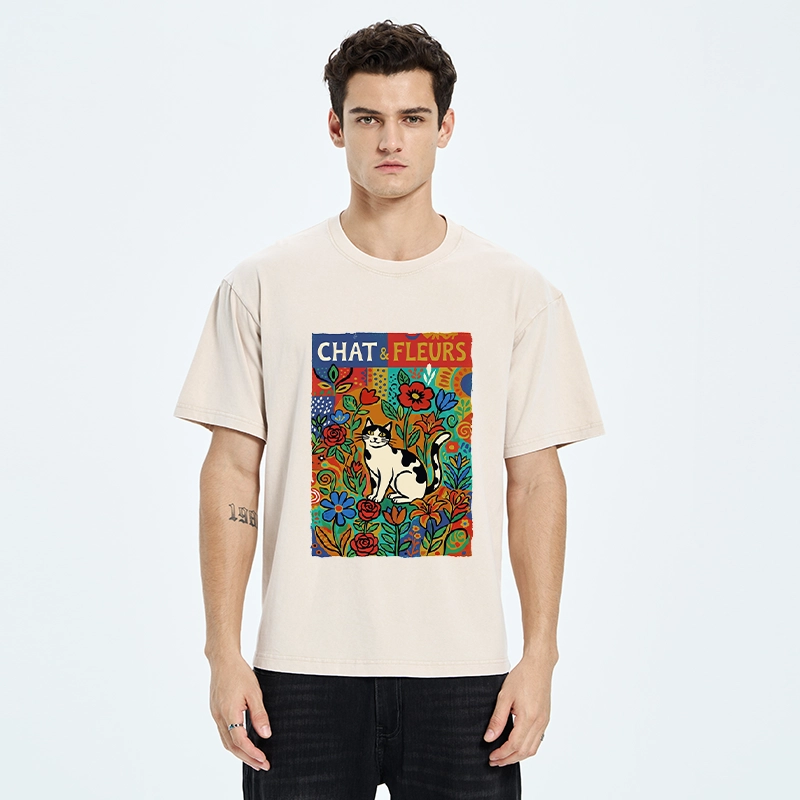 Tokyo-Tiger Colorful Cat And Floral Art Washed T-Shirt