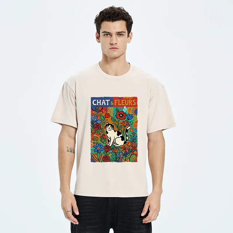 Tokyo-Tiger Colorful Cat And Floral Art Washed T-Shirt