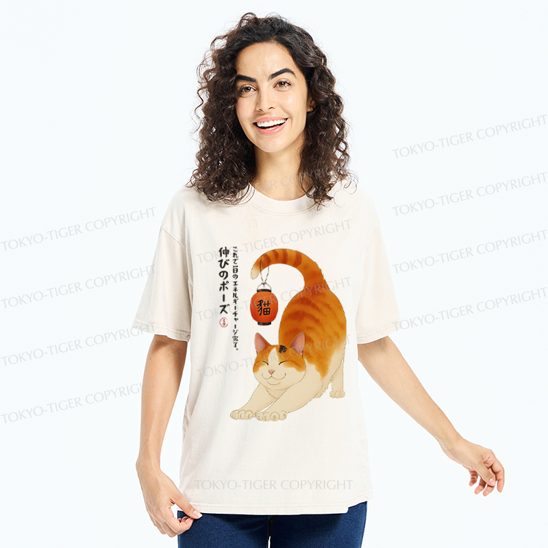 Tokyo-Tiger Funny Cat Yoga Energy Charging Washed T-Shirt