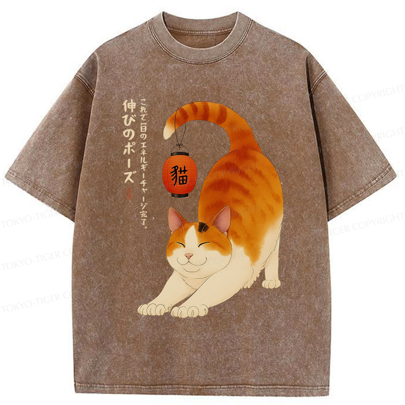 Tokyo-Tiger Funny Cat Yoga Energy Charging Washed T-Shirt