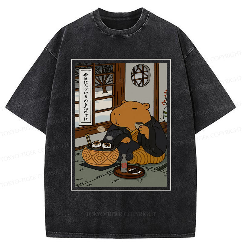 Tokyo-Tiger The Silly Capybara is Drinking Tea Zen Washed T-Shirt