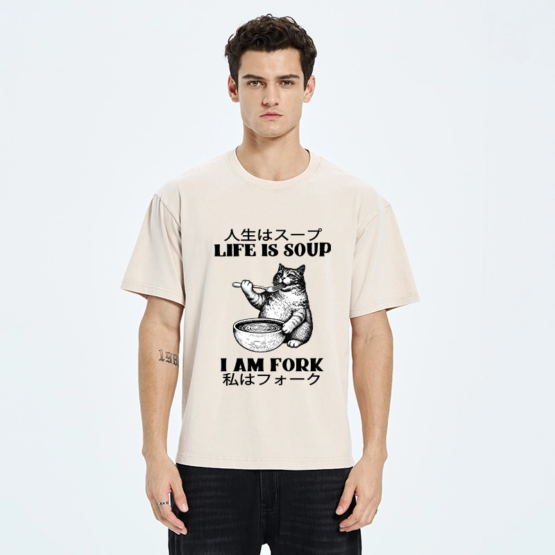 Tokyo-Tiger Cat Eating Soup With A Fork Washed T-Shirt