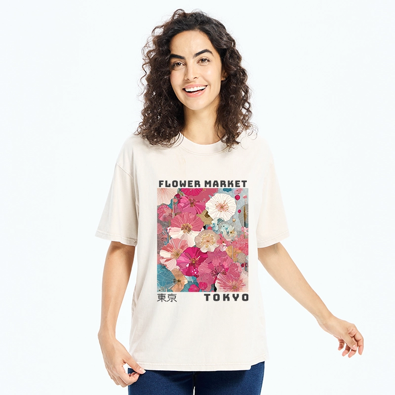 Tokyo-Tiger Market Colorful Floral Art Washed T-Shirt
