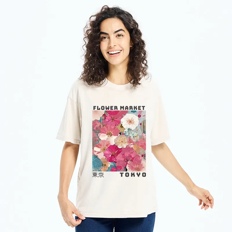 Tokyo-Tiger Market Colorful Floral Art Washed T-Shirt