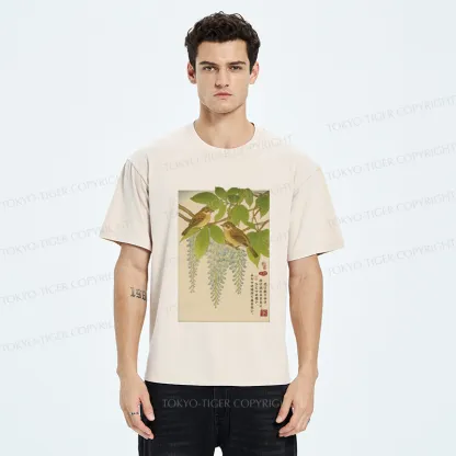 Tokyo-Tiger Ukiyoe Bird on the wisteria treetop Washed T-Shirt