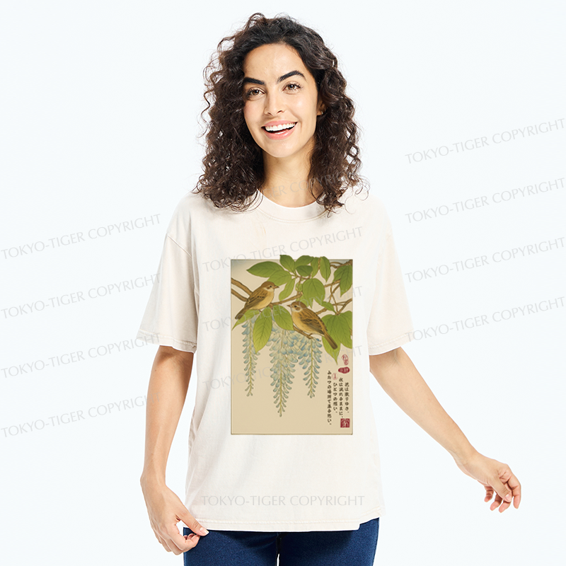 Tokyo-Tiger Ukiyoe Bird on the wisteria treetop Washed T-Shirt