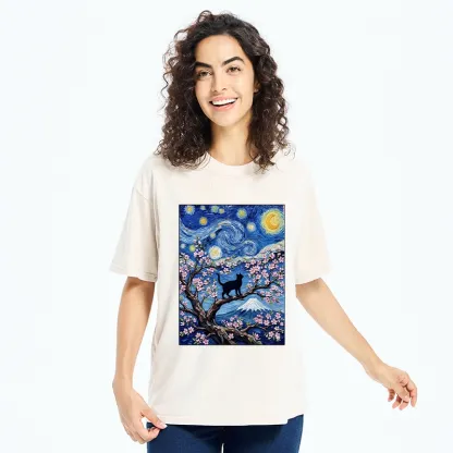 Tokyo-Tiger Van Gogh Style Cat With Mount Fuji Washed T-Shirt