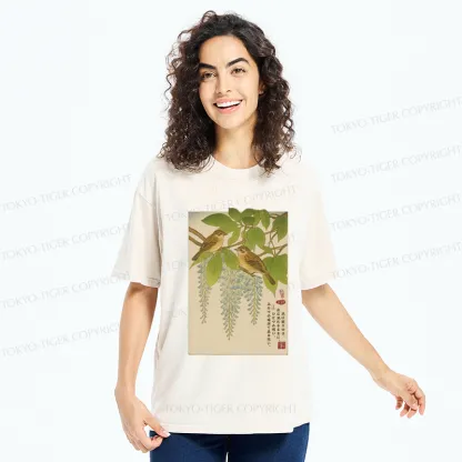 Tokyo-Tiger Ukiyoe Bird on the wisteria treetop Washed T-Shirt
