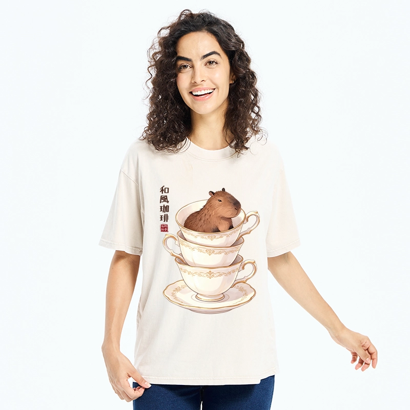 Tokyo-Tiger Japanese Coffee Capybara In A Teacup Washed T-Shirt