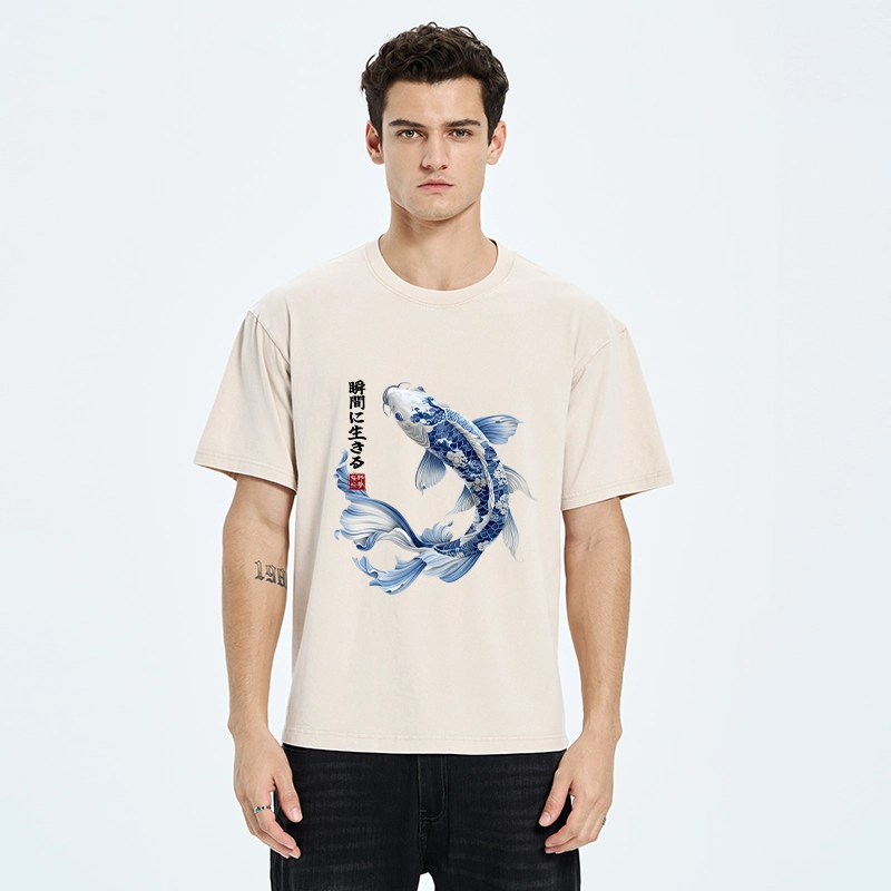 Tokyo-Tiger Blue And White Koi Fish Japanese Art Print Washed T-Shirt