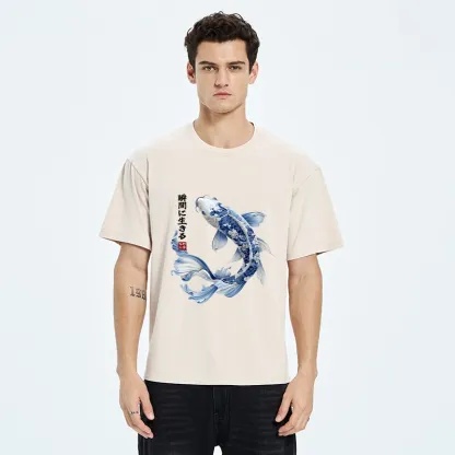 Tokyo-Tiger Blue And White Koi Fish Japanese Art Print Washed T-Shirt