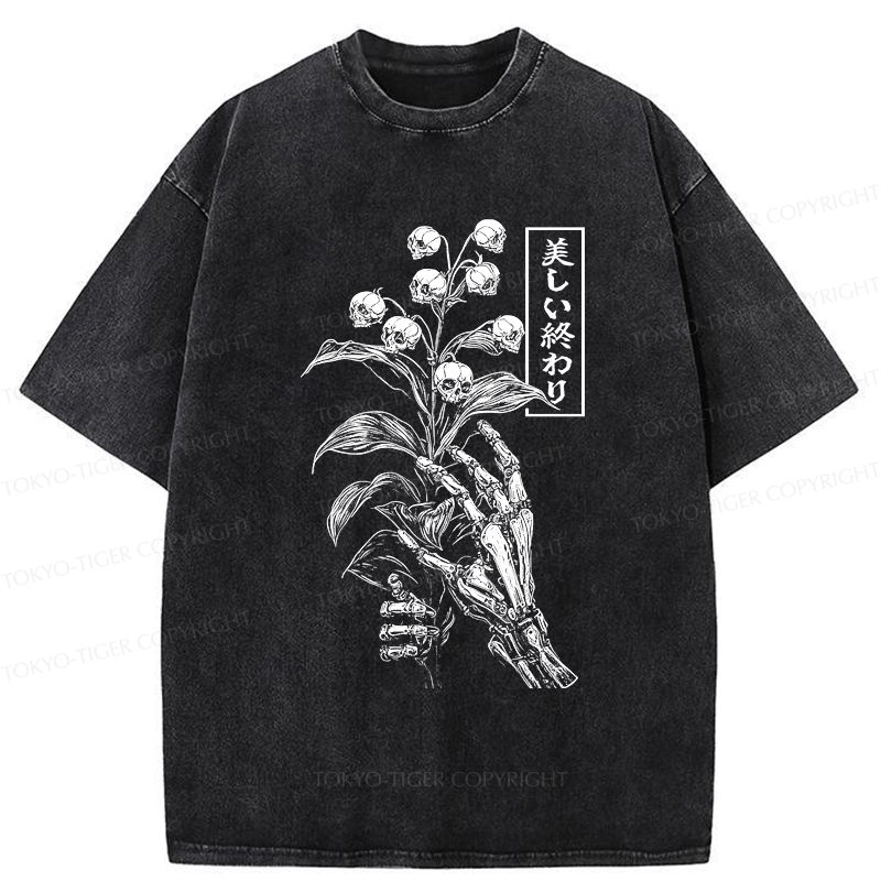 Tokyo-Tiger Funny Halloween Skull Flower Washed T-Shirt