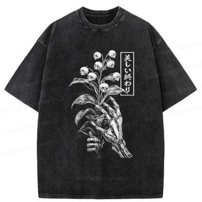 Tokyo-Tiger Funny Halloween Skull Flower Washed T-Shirt