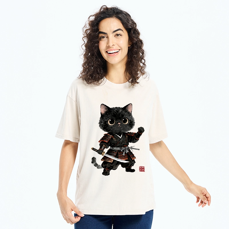 Tokyo-Tiger Samurai Black Cat With Katana Cute Art Washed T-Shirt