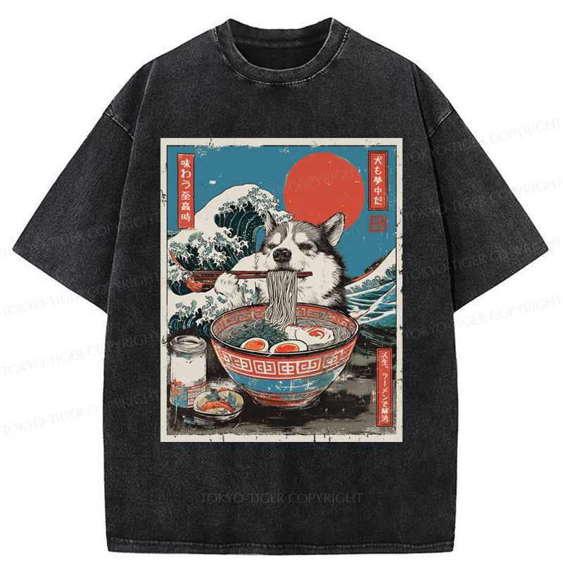 Tokyo-Tiger Ukiyo-e Style: A Funny Dog Eating Ramen Washed T-Shirt