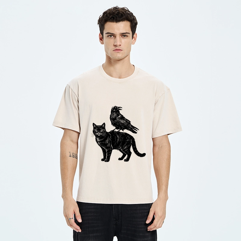 Tokyo-Tiger Funny Meme About Spooky Cat And Crow Washed T-Shirt