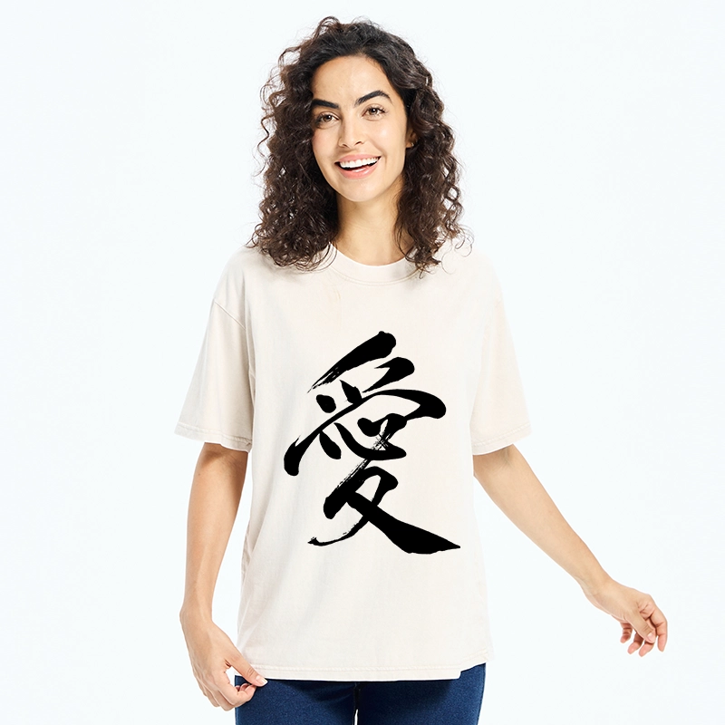 Tokyo-Tiger Japanese Kanji Love In Brush Strokes Washed T-Shirt
